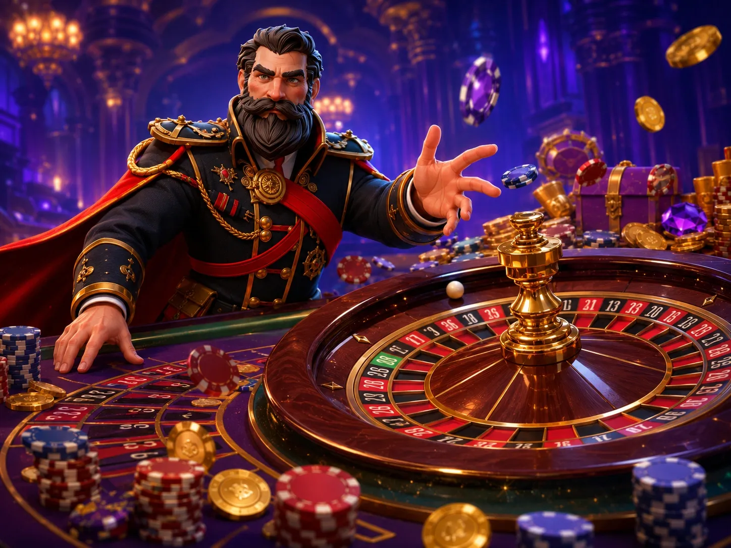Royal casino roulette table with flying chips and coins